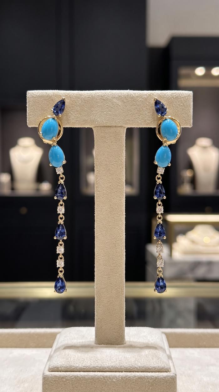 23 Blue Sapphire Diamond 14K (or 18k upon request) Yellow Gold Drop Earrings