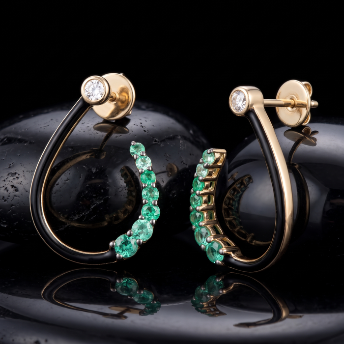 Twist Curve Black Enamel Diamond Earrings in 14K Yellow Gold