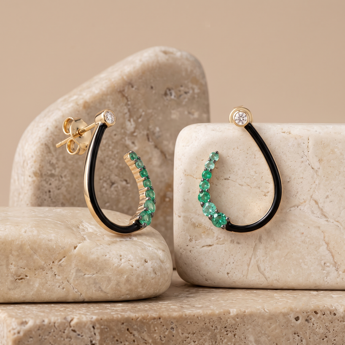 Twist Curve Black Enamel Diamond Earrings in 14K Yellow Gold