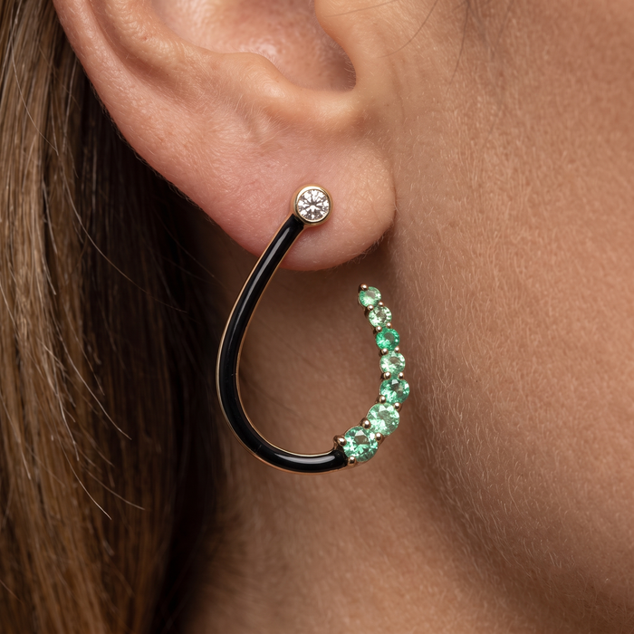 Twist Curve Black Enamel Diamond Earrings in 14K Yellow Gold
