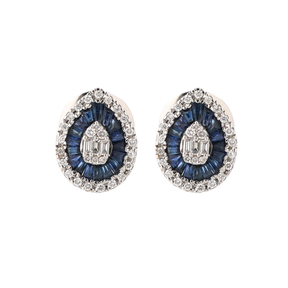 Pear Blue Sapphire Halo 18K Natural Diamond White Gold Stud Earrings