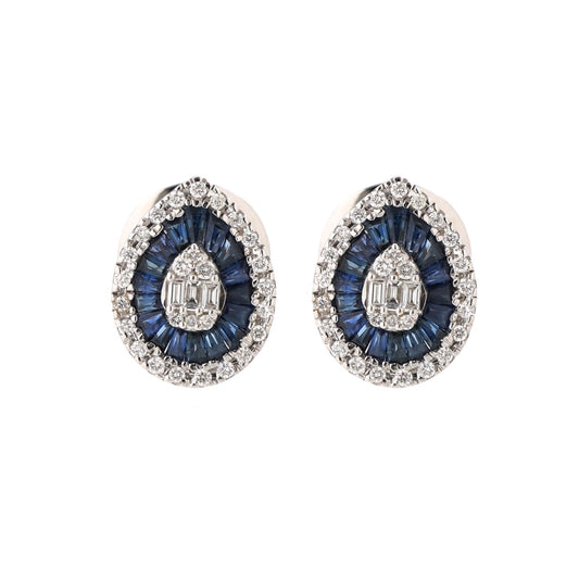 Pear Blue Sapphire Halo 18K Natural Diamond White Gold Stud Earrings