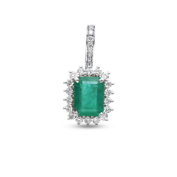 Emerald Diamond Halo 14K (18K Custom) White Gold Pendant Necklace