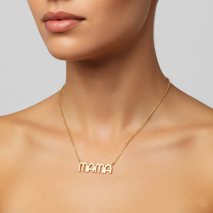 Textured 25Mm Letter Mama Necklace in 14K Yellow Gold