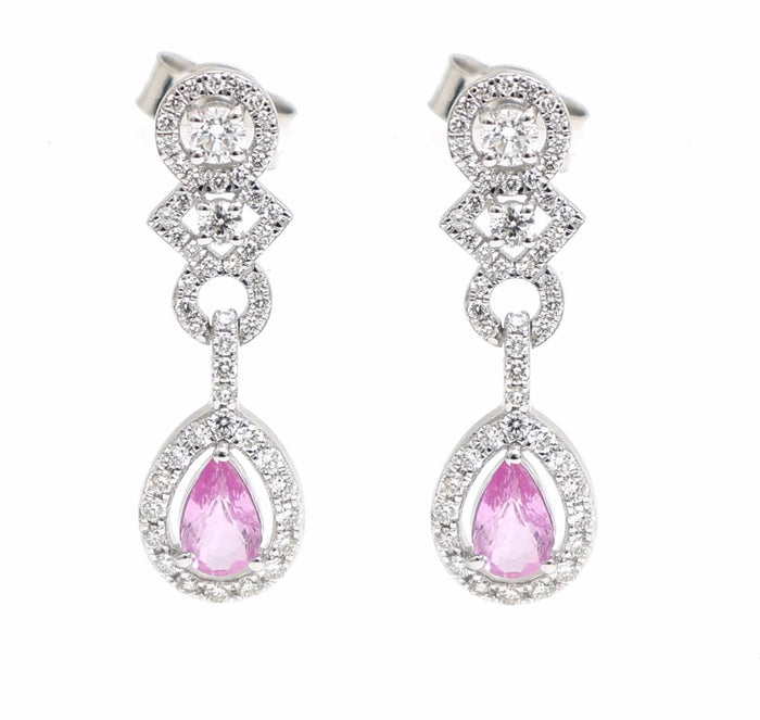 Petal Empress Pink Sapphire Diamond Drop Earrings in 18K White Gold