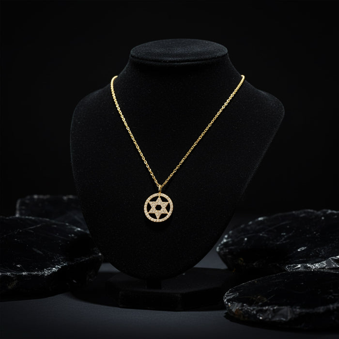 Star of David Circle Diamond Pendant Necklace in 14K Yellow Gold