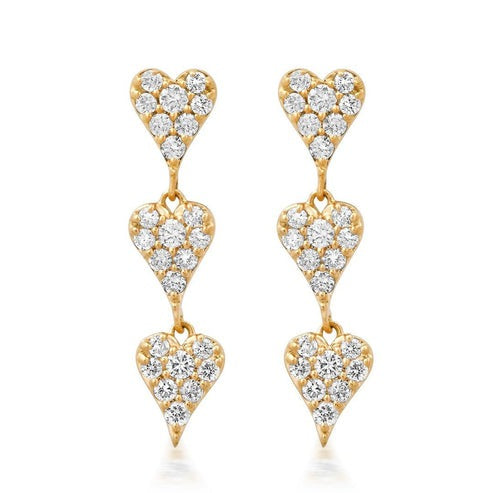 Triple Heart Trail Drop Earrings in 14K Yellow Gold