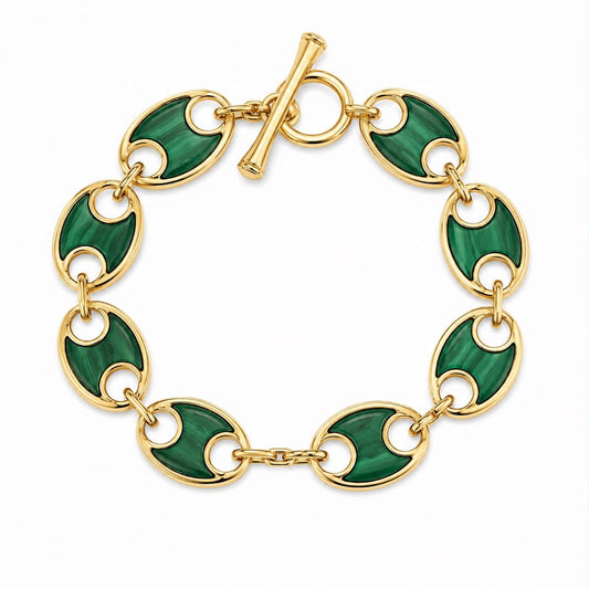 Malachite link bracelet in 14K yellow gold with plain gold toggle closure