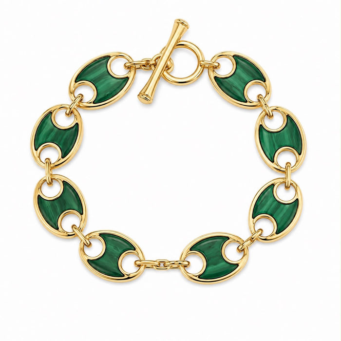 Malachite link bracelet in 14K yellow gold with plain gold toggle closure