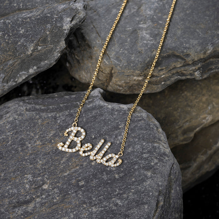 Personalised Bella Script Diamond Necklace in 14K Yellow Gold
