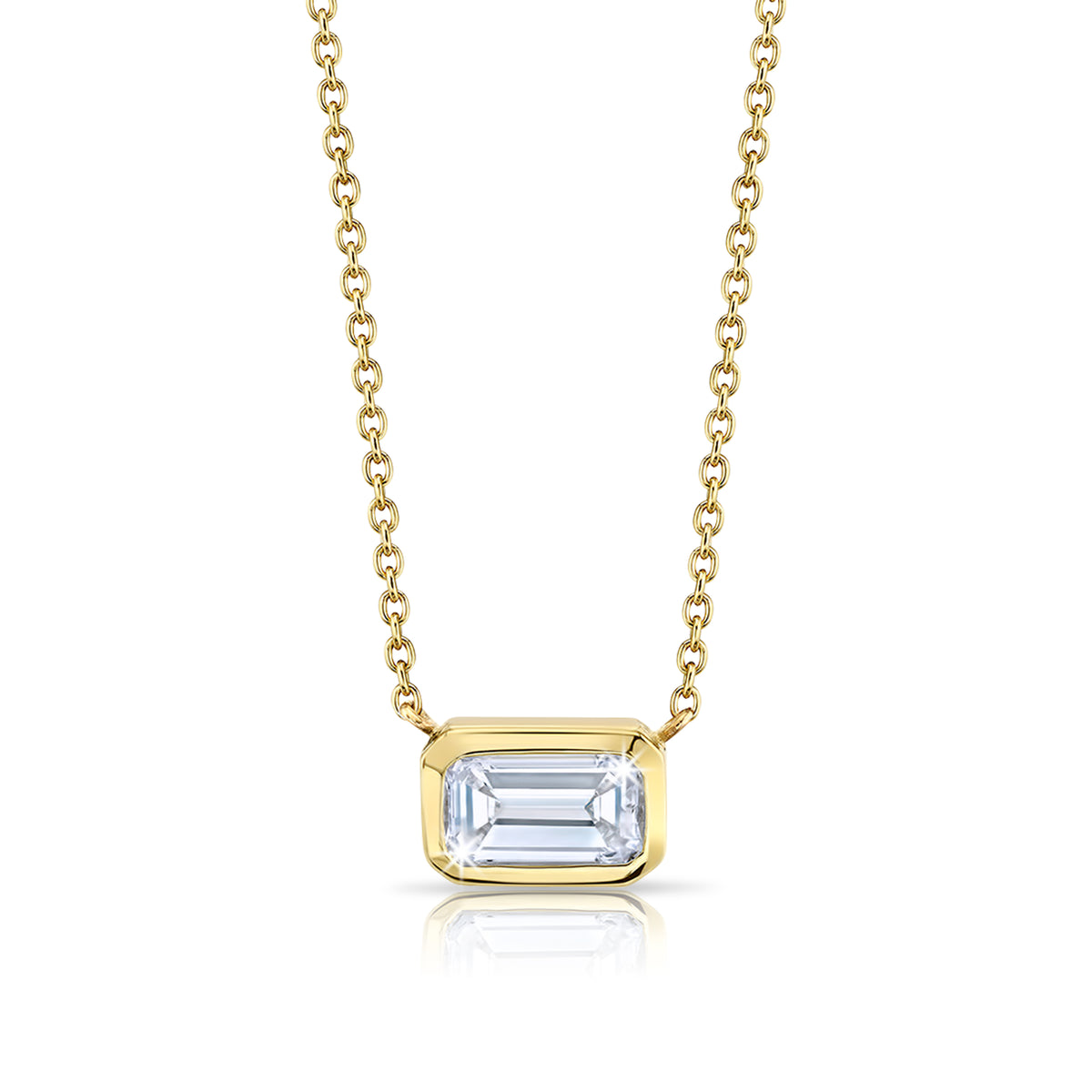 Bezel Set Emerald Cut Diamond Necklace in 18K Gold