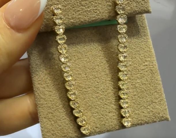 Heart Shaped Diamond Line Drop Earrings in 18K Yellow Gold