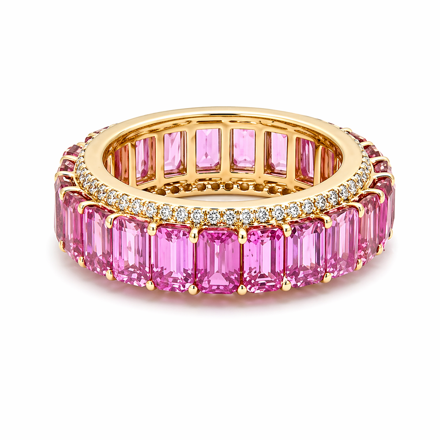 Exquisite Pink Sapphire Diamond 14K Gold Eternity Band Ring