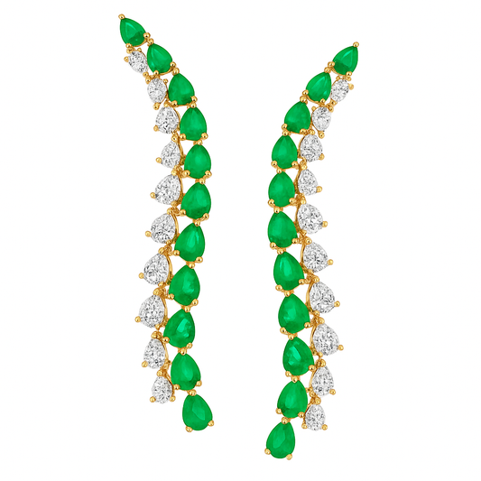 Emerald Diamond Leaf Curve Drop Earrings in 14K Yellow Gold