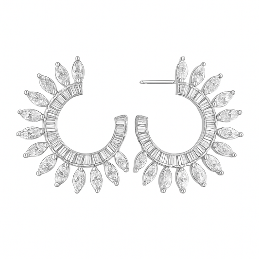 Sunburst Baguette Marquise Diamond Earrings in 14K White Gold