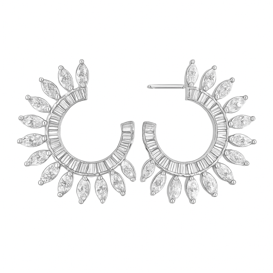 Sunburst Baguette Marquise Diamond Earrings in 14K White Gold
