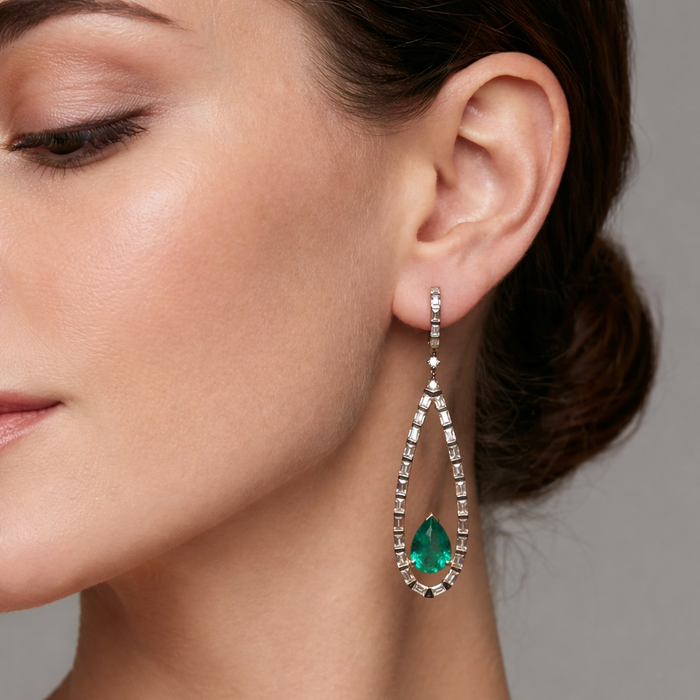Green Emerald Drop Black Finish Earrings in 18K Yellow Gold