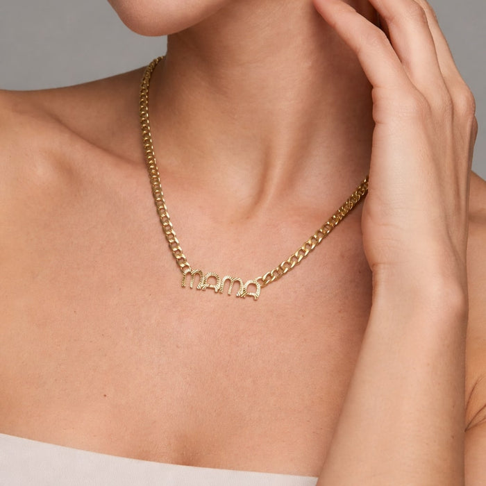 Cuban Chain Letter Mama Necklace in 14K Yellow Gold