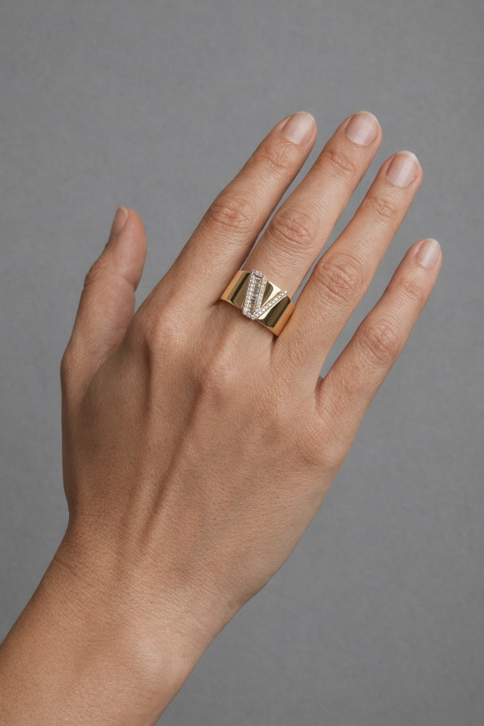 V Initial Baguette Diamond Cigar Ring