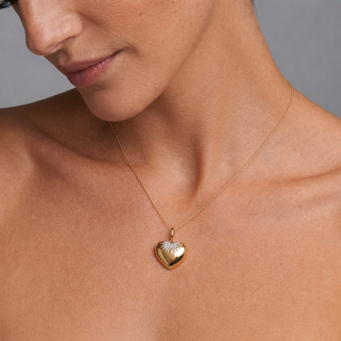 Diamond Fluted Heart Pendant Necklace in 14K Yellow Gold