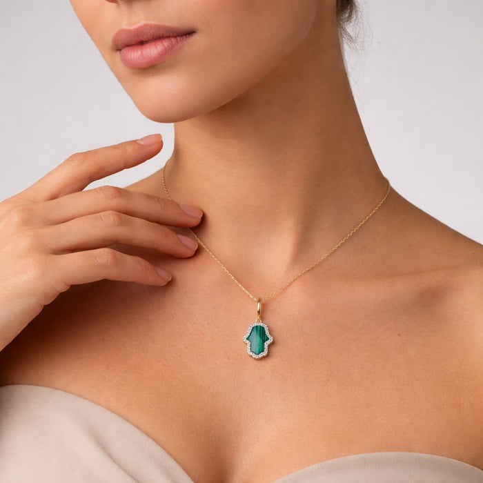Malachite Hamsa Pendant Diamond Necklace in 14K Yellow Gold