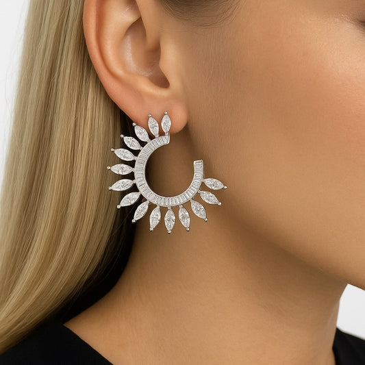 Sunburst Baguette Marquise Diamond Earrings in 14K White Gold