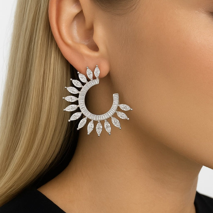 Sunburst Baguette Marquise Diamond Earrings in 14K White Gold