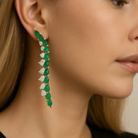 Emerald Diamond Leaf Curve Drop Earrings in 14K Yellow Gold