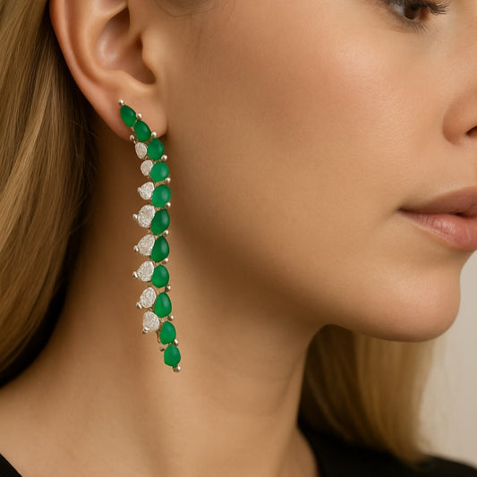 Emerald Diamond Leaf Curve Drop Earrings in 14K Yellow Gold