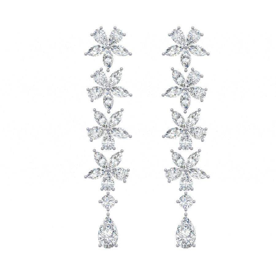 Flowers Petal Diamond Drop Earrings in 18K White Gold