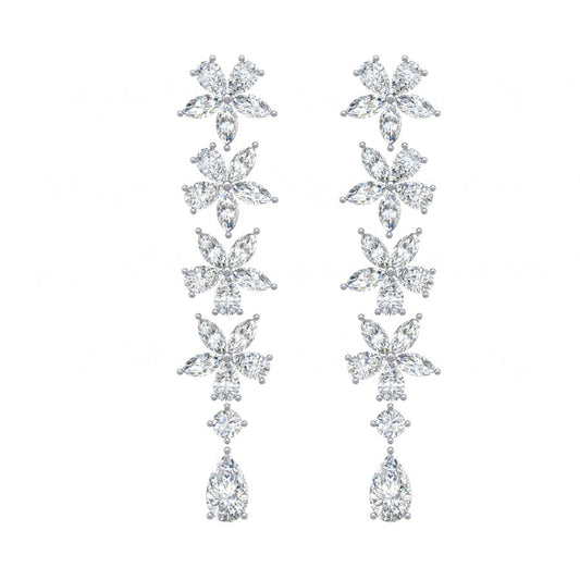 Flowers Petal Diamond Drop Earrings in 18K White Gold
