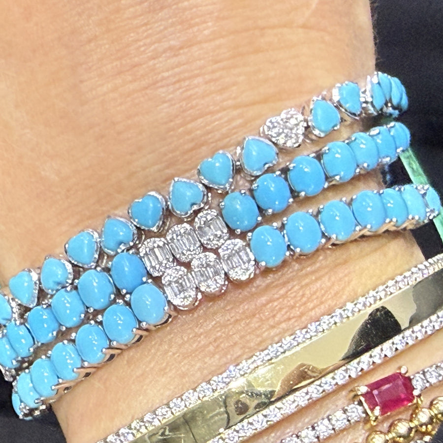Turquoise Heart & Diamond Tennis Bracelet in 14K White Gold
