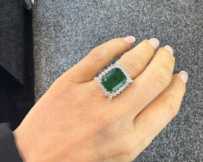Majestic Emerald Cut Green Gemstone Ring in 18K White Gold
