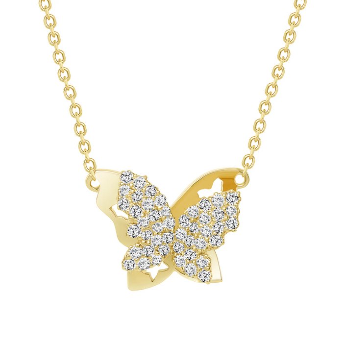 Round Cut Diamond Butterfly Pendant Necklace in 14K Gold