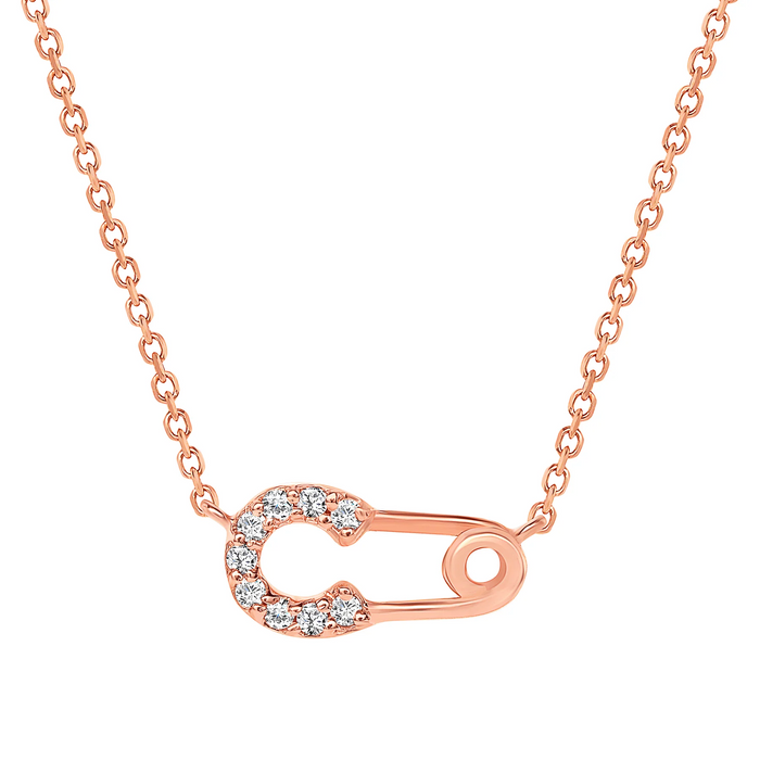 Round Diamond Safety Pin Pendant Necklace in 14K Gold