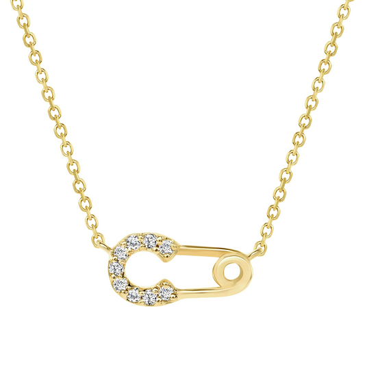 Round Diamond Safety Pin Pendant Necklace in 14K Gold