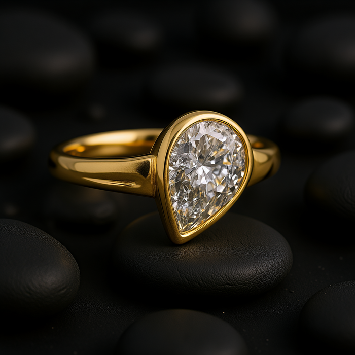 Pear-Shaped Bezel Set Diamond Ring in 14K Yellow Gold