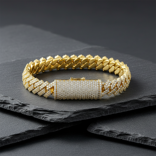 Round Cut Diamond Cuban Bracelet in 14K Yellow Gold