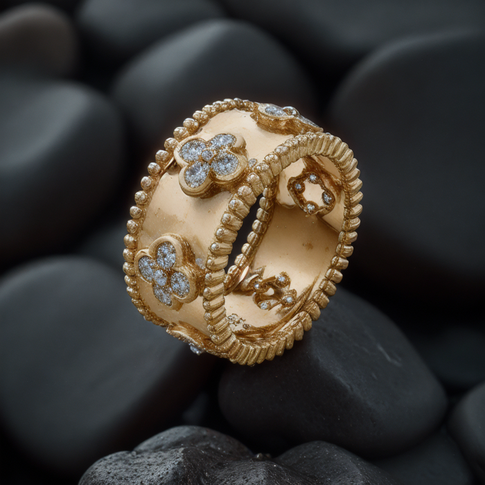 Golden Leaf Shape Diamond Ring in 14K Yellow Gold