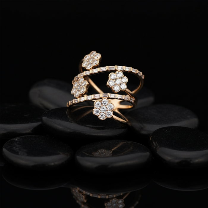 Floral Band Multi Row Diamond Flower Ring in 14K Yellow Gold