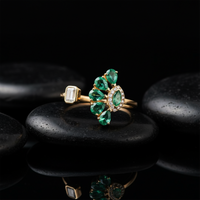 Open Ring Emerald Cluster Diamond Ring in 14K Yellow Gold