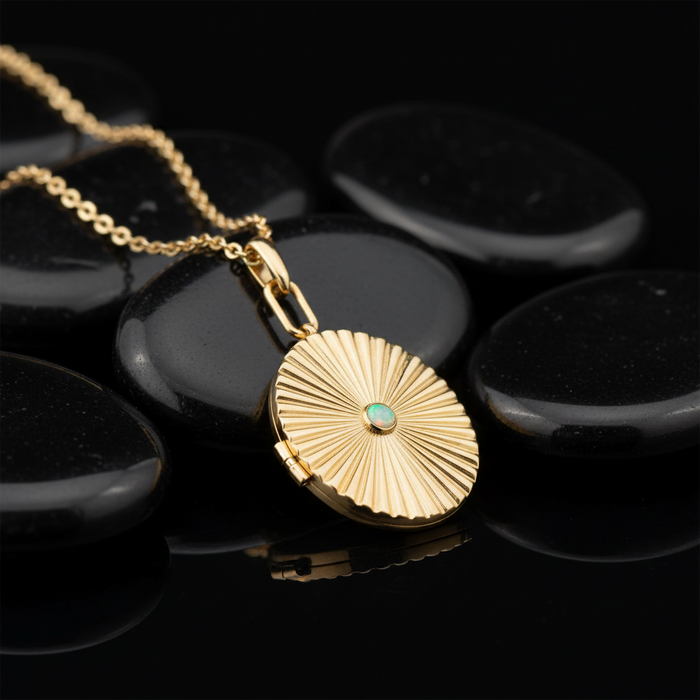 Radiant Oval Locket Green Opal Pendant Necklace in 14K Yellow Gold
