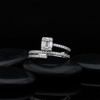 Double Band Emerald Cut Diamond Halo Ring in 14K White Gold
