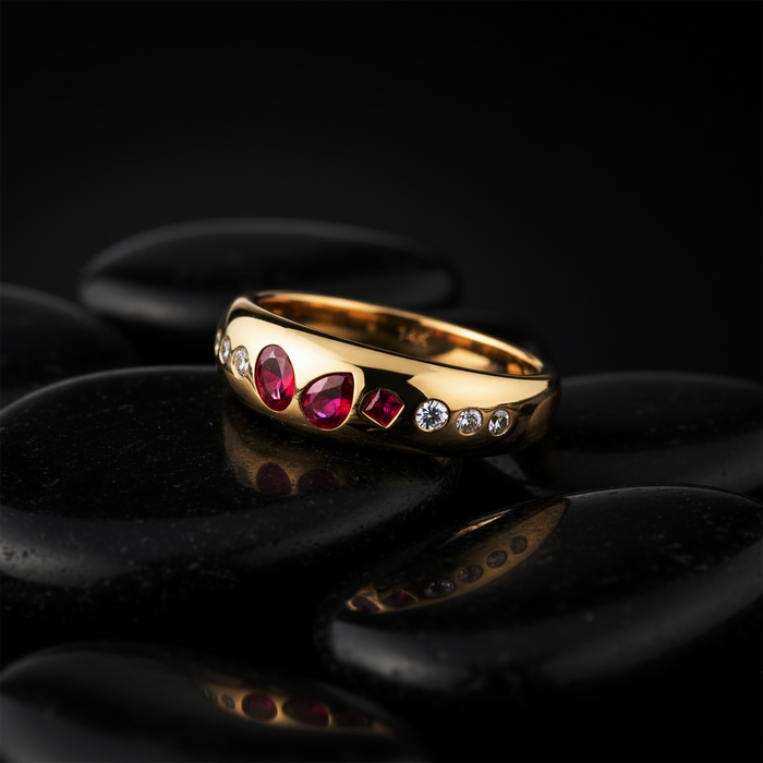 Multi Shape Ruby Diamond Accent Band Ring in 14K Yellow Gold