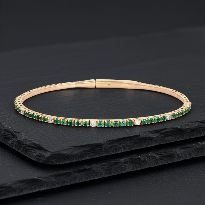 Classic Emerald Diamond Tennis Bangle in 14K Yellow Gold