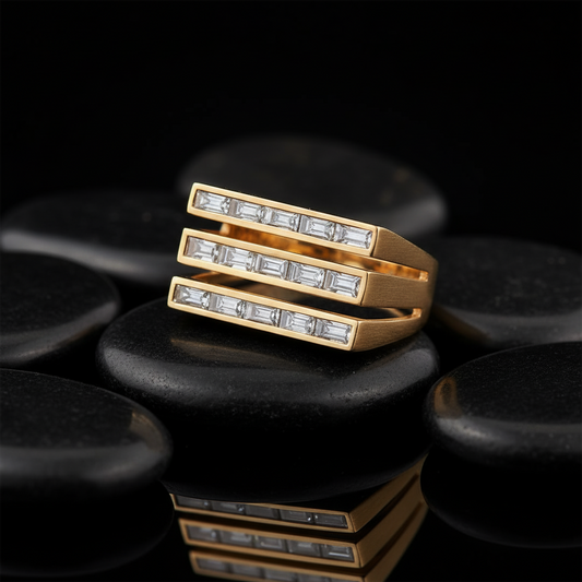 Bold Band Three Row Baguette Diamond Ring in 14K Yellow Gold