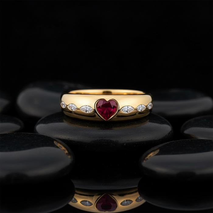 Ruby Heart 14K Marquise Diamond Band Ring
