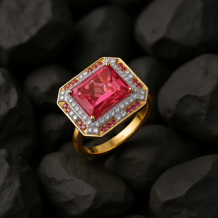 Pink Sapphire Tourmaline Diamond Halo Ring in 14K Yellow Gold