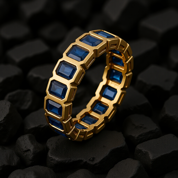Royal Blue Emerald-Cut Sapphire Eternity Band Ring in 14K Yellow Gold