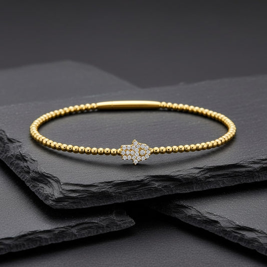 Diamond Hamsa Charm Beaded Bracelet in 14K Gold